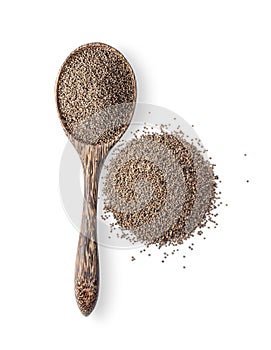 Perilla herb seed in wood spoon isolated