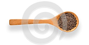 Perilla herb seed in wood spoon isolated on white background. Top view