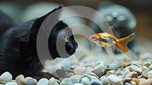 Perilous Encounter: Goldfish Threatened by Stealthy Black Cat photo