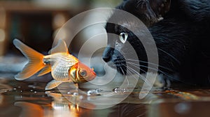 Perilous Encounter: Goldfish Threatened by Stealthy Black Cat photo