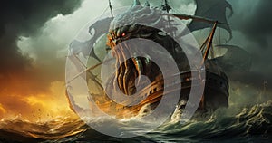 Perilous Encounter - Sea Monster Attacking a Sailing Ship photo