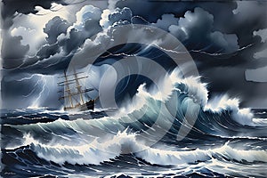 Perilous Journey: Stormy Ocean Scene Depicting Waves Towering Over a Lone Ship - Struggling to Navigate, Rain-Lashed Horizon photo