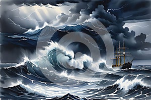 Perilous Journey: Stormy Ocean Scene Depicting Waves Towering Over a Lone Ship - Struggling to Navigate, Rain-Lashed Horizon