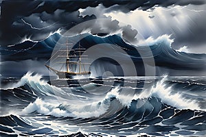 Perilous Journey: Stormy Ocean Scene Depicting Waves Towering Over a Lone Ship - Struggling to Navigate, Rain-Lashed Horizon photo