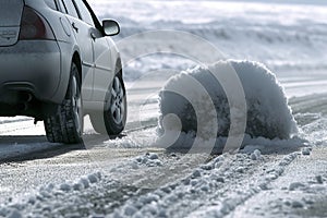 Perilous winter drive. capturing the tense and dangerous skid of a car on icy roads photo