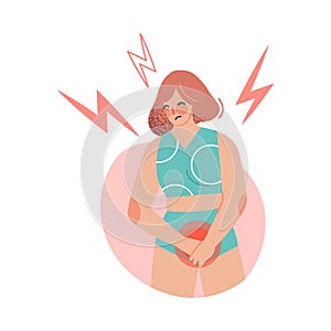 Period or Menstruation with Sad Female Sitting Feeling Spasm and Pain Vector Illustration