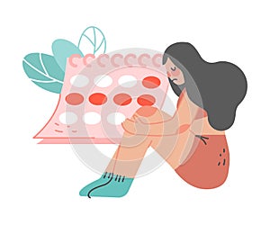 Period or Menstruation with Sad Female Sitting Near Calendar Feeling Spasm and Pain Vector Illustration