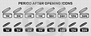 Period after open icons set. PAO symbols. Round box with cap opened. Expiration period in months signs for cosmetic