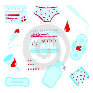 Period stickerpack, menstruation vector illustration set, women`s health