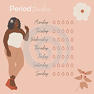 Period tracker. Ready to use digital sticker for bullet journaling or planning. Fancy black woman staying close to week layout.