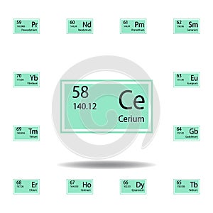 Periodic table element cerium color icon. Set of chemical sign color icon. Signs and symbols collection icon for websites, web