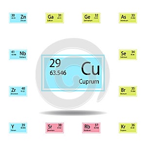 Periodic table element cuprum color icon. Set of chemical sign color icon. Signs and symbols collection icon for websites, web