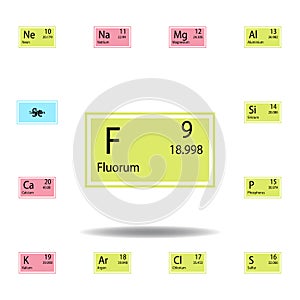 Periodic table element fluorum color icon. Set of chemical sign color icon. Signs and symbols collection icon for websites, web