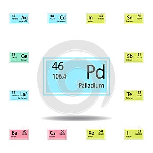 Periodic table element palladium color icon. Set of chemical sign color icon. Signs and symbols collection icon for websites, web