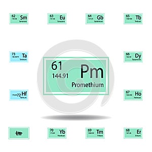 Periodic table element promehium color icon. Set of chemical sign color icon. Signs and symbols collection icon for websites, web