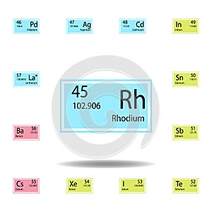 Periodic table element rhodium color icon. Set of chemical sign color icon. Signs and symbols collection icon for websites, web