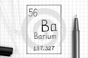 The Periodic table of elements. Handwriting chemical element Barium Ba with black pen, test tube and pipette