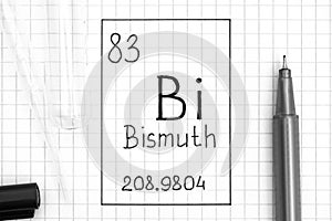 The Periodic table of elements. Handwriting chemical element Bismuth Bi with black pen, test tube and pipette