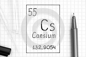 The Periodic table of elements. Handwriting chemical element Caesium Cs with black pen, test tube and pipette