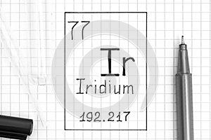 The Periodic table of elements. Handwriting chemical element Iridium Ir with black pen, test tube and pipette