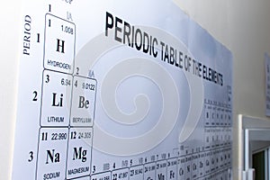 Periodic table of elements poster close up in science laboratory in a school for student learning