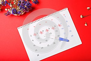 Periods calendar for checking menstruation days on red background. Medical, healthcare, gynecological concept. Positive pregnancy