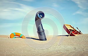Periscope in the sand with a boat and a lifebuoy. Stuck and problem solving concept