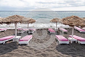 Perissa beach on the Greek island of Santorini, Greece