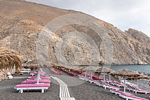 Perissa beach on the Greek island of Santorini, Greece