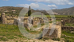 Peristyle house ruins along the Decumanus Maximus at the Archaeological Site of Volubilis in Morocco.