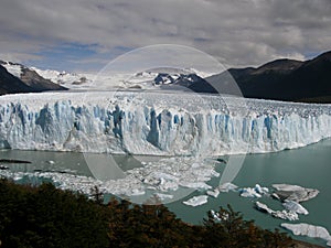 The Perito Moreno Glacier Calving into Lake (Lago) Argentino near El Calafate, Patagonia, Argentina.