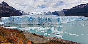 Perito Moreno panorama glacier frozen ice field.