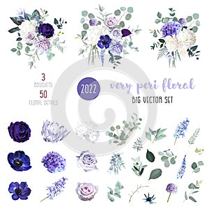 Periwinkle violet, purple anemone, dusty mauve and lilac rose, white hydrangea, hyacinth, magnolia