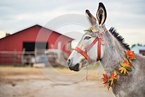 perked ears donkey with a colorful barn backdrop