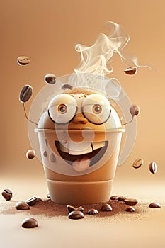 Perky coffee buddy: 3d cute cartoon happy coffee bean character with steam - adding charm to your day with a lovable