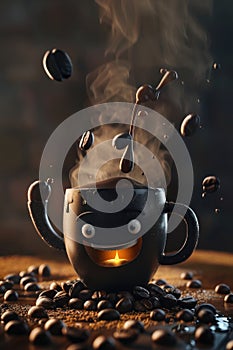 Perky coffee buddy: 3d cute cartoon happy coffee bean character with steam - adding charm to your day with a lovable