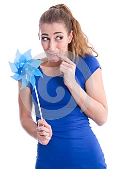 Perky girl with wind turbine photo