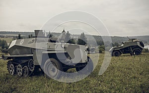 PERM, RUSSIA - JULY 30, 2016: Historical reenactment of World War II, summer, 1942. German and soviet armored cars