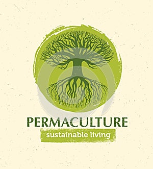 Permaculture Sustainable Living Creative Vector Design Element Concept. Old Tree With Roots Inside Rough Circle