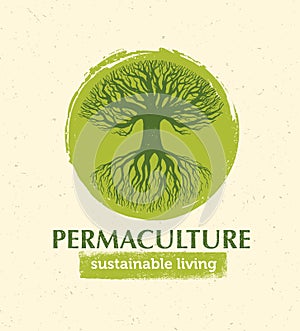 Permaculture Sustainable Living Creative Vector Design Element Concept. Old Tree With Roots Inside Rough Circle photo