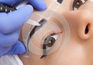 Permanent make-up for eyebrows of beautiful woman with thick brows in beauty salon.