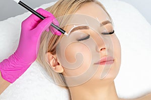 Permanent make-up for eyebrows of beautiful woman with thick brows in beauty salon. Closeup beautician doing tattooing eyebrow.