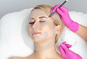 Permanent make-up for eyebrows of beautiful woman with thick brows in beauty salon. Closeup beautician doing tattooing eyebrow.