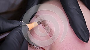 Permanent makeup procedure, performing PMU of eyebrows