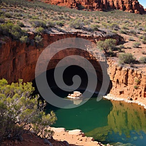 Permanent waterhole Ellery Creek Big Hole and geological site with red cliffs in West MacDonnell National Park, 80km