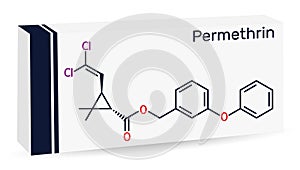 Permethrin molecule. It is insecticide and medication, used in treatment of lice infestations and scabies. Skeletal chemical