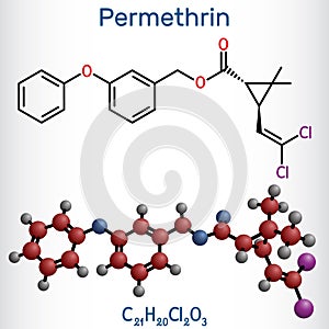 Permethrin molecule. It is insecticide and medication, used in treatment of lice infestations and scabies. Structural chemical