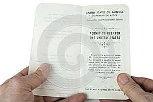 Permit to reenter the United States. White passport..
