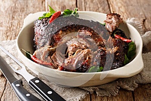 Pernil asado slow cooked shredded pulled pork close-up on a plate. horizontal