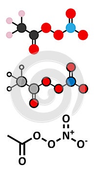 Peroxyacetyl nitrate (PAN) pollutant molecule. Secondary pollutant, found in photochemical smog. Further decomposes into